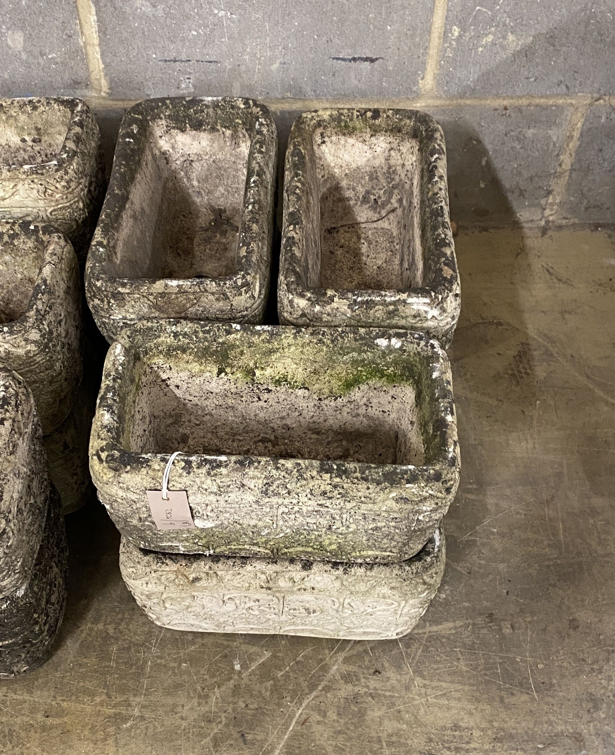 Six rectangular reconstituted stone garden planters, width 34cm, depth 18cm, height 18cm